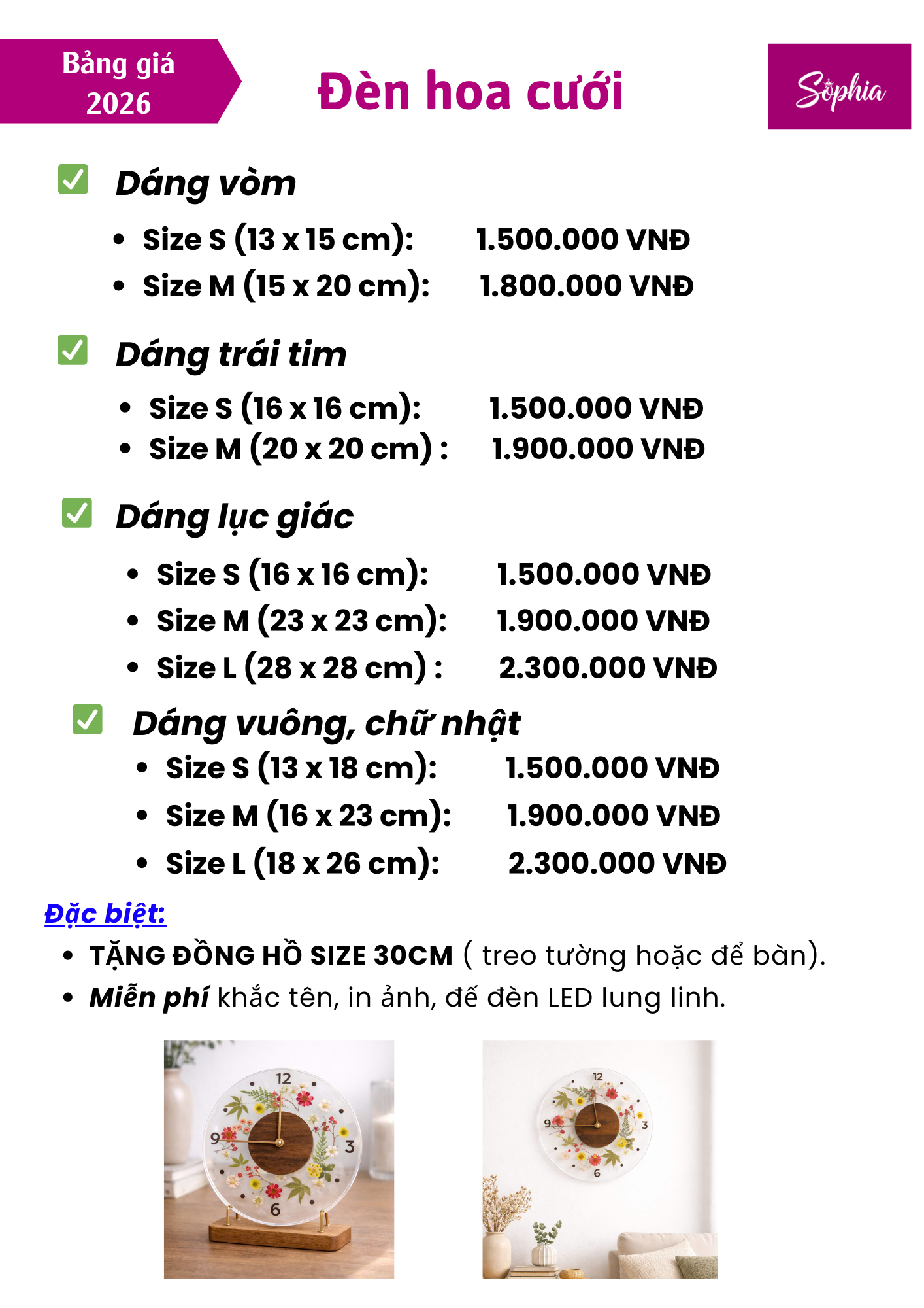 Bảng giá đèn hoa cưới tại Sophia