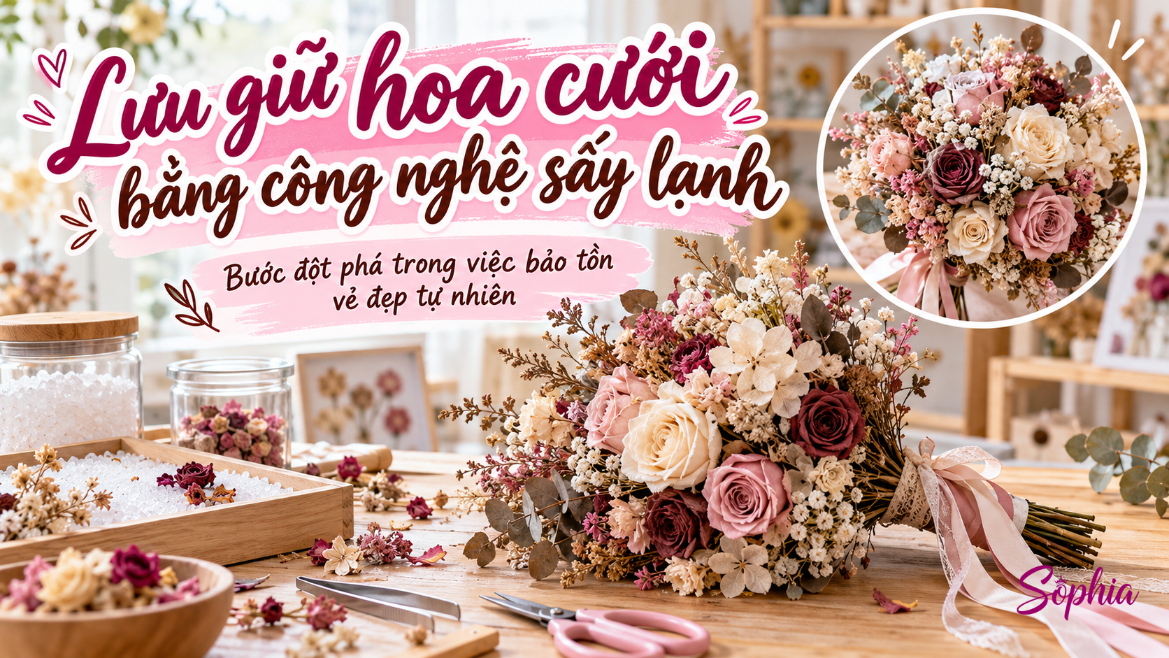 Bó hoa cưới được bảo quản bằng công nghệ sấy lạnh vẫn giữ nguyên vẻ đẹp